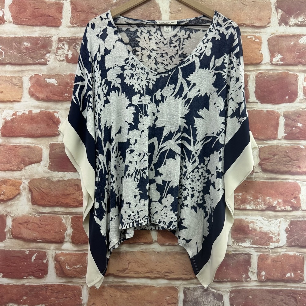 Coldwater Creek Kimono Top Women's Medium Linen Blue Boho Garden Floral Shirt